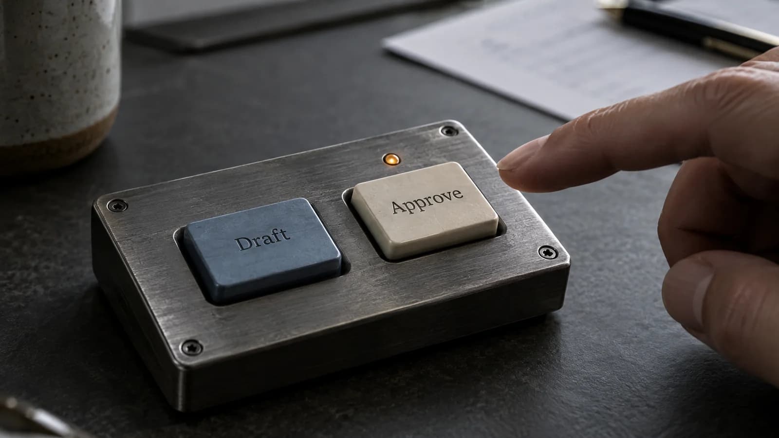 A graphite physical control surface with separate Draft and Approve controls, restrained blue details and an amber indicator.
