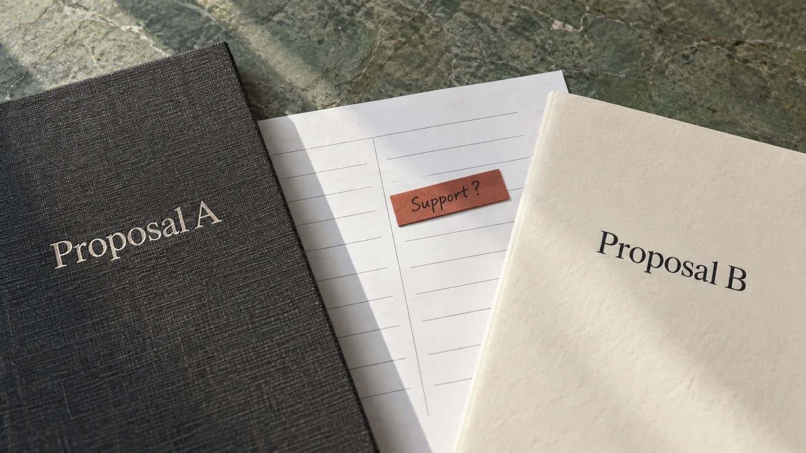 Two proposal folders on a muted green stone desk, with a comparison sheet and a rust-coloured review mark.