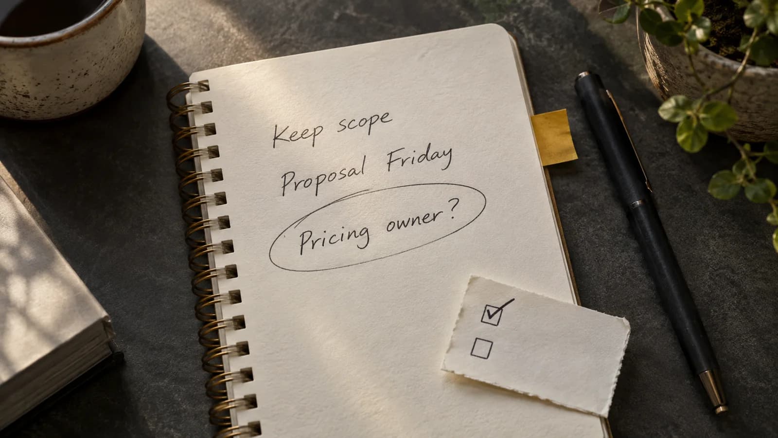 Overhead photograph of a cream meeting notebook on charcoal, with a mustard marker distinguishing a confirmed action from an unresolved item.