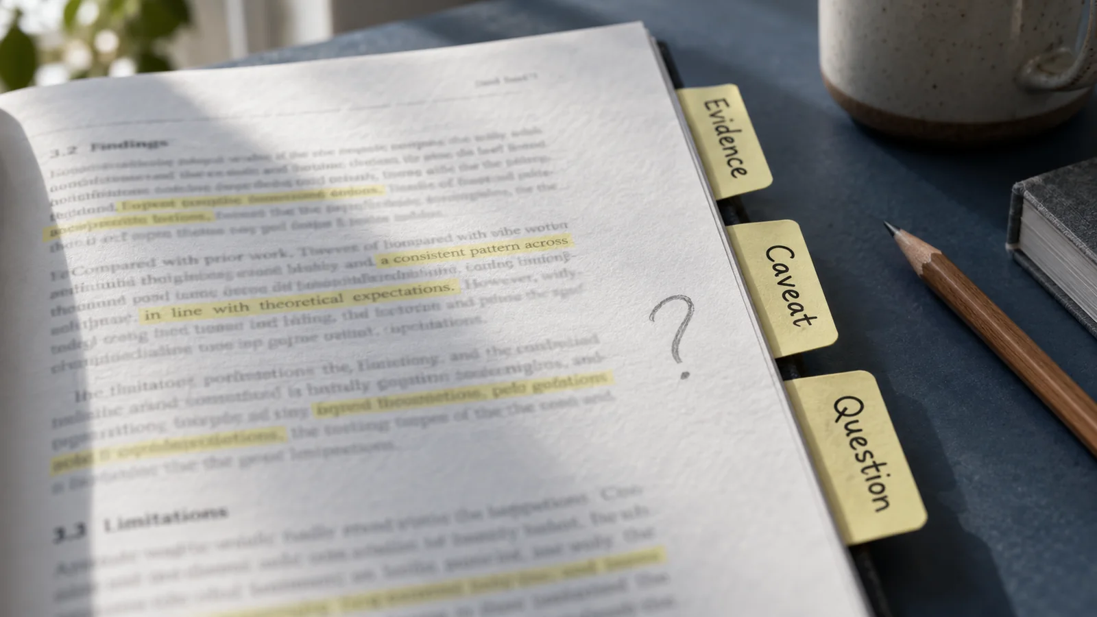 Close-up of a textured report on a slate-blue desk, with pale-yellow evidence tabs and highlights marking passages that need checking.