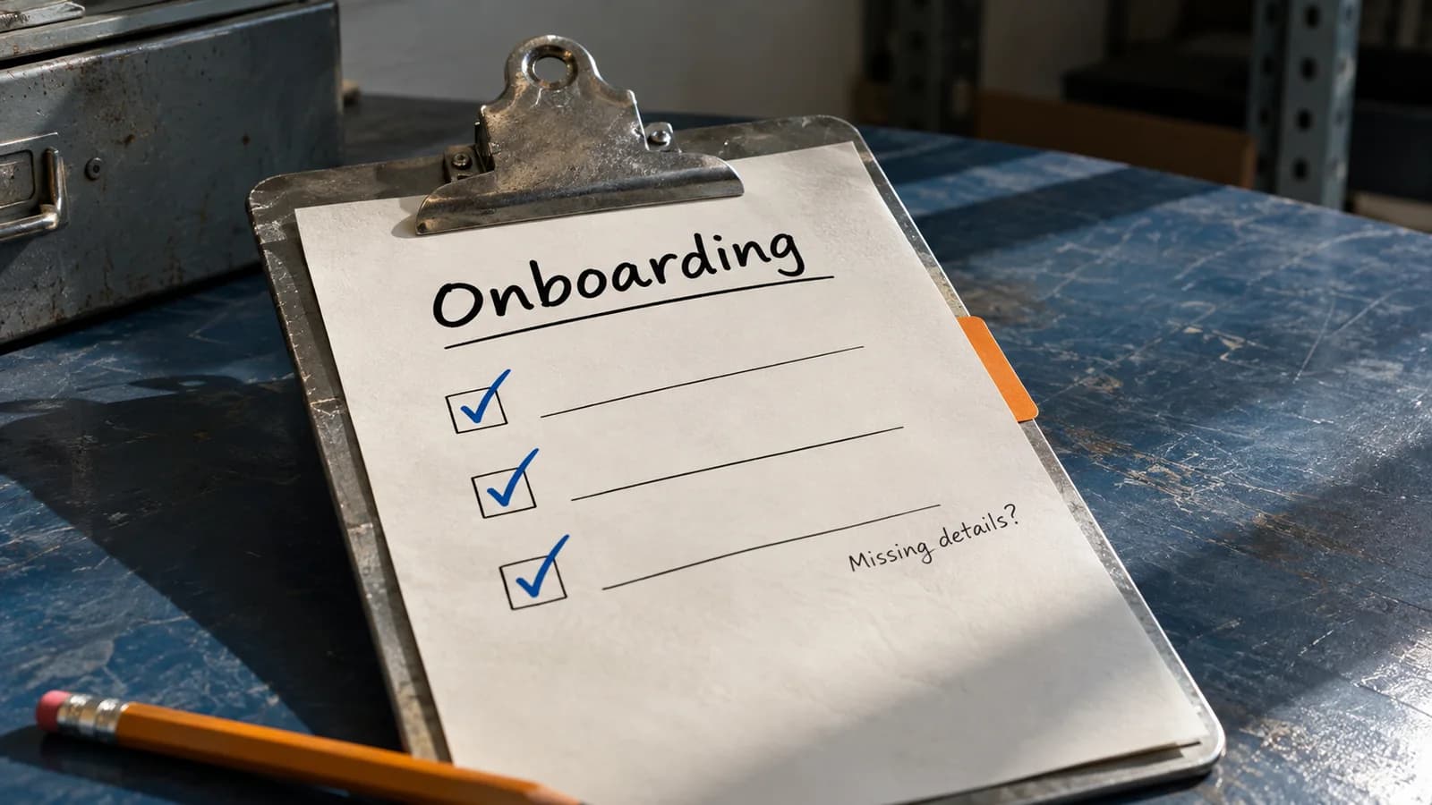 An angled clipboard with blue checkmarks, an orange tab and a handwritten question about missing details on the checklist paper.