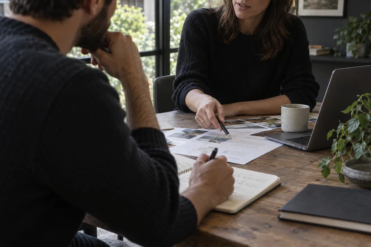 Two colleagues discussing a document and taking notes.