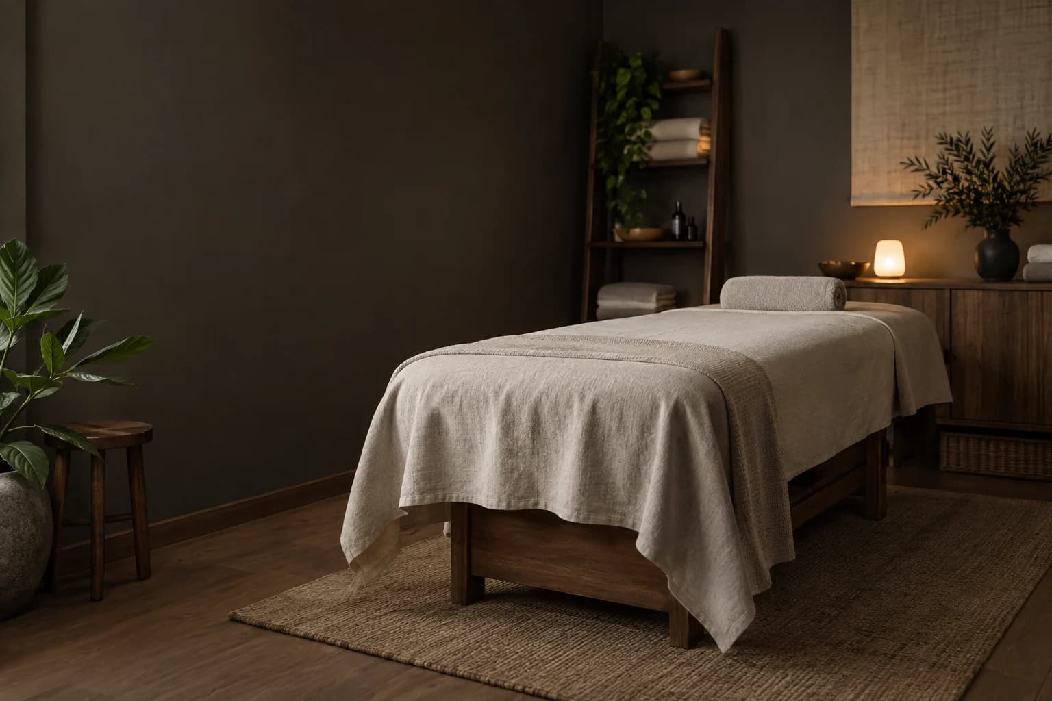 A calm treatment room with a linen-covered table and warm natural light